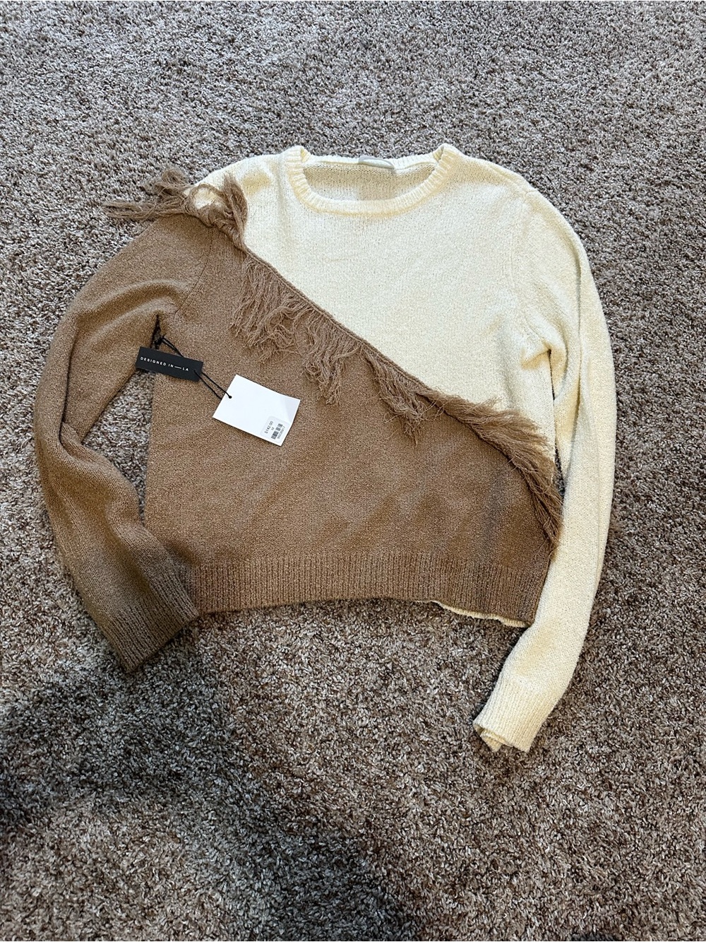 Callahan Two-Tone Fringe Crewneck Sweater - Cream & Brown